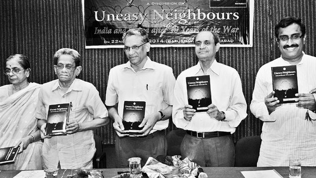 (From left) Social Cause president Somaraju Suseela, BJP leader SV Seshagiri Rao, political science professor JLN Rao, Centre for Indian Ocean Studies former director PV Rao and RSS central executive member and author Ram Madhav releasing the book, ‘Uneasy Neighbours’, in Hyderabad on Saturday. | Photo Courtesy- A RADHAKRISHNA of Indian Express