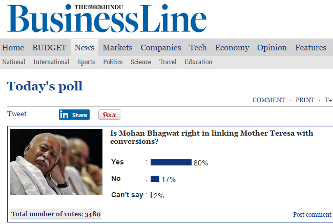 The Hindu Poll on RSS Sarasanghachalak Mohan Bhagwat comment on Mother Teresa February 26-2015