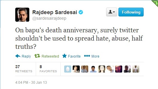 Rajdeep Sardesai on twitter slammed the attempt of few, to spread hate, half truth on Bapu's Birthday.